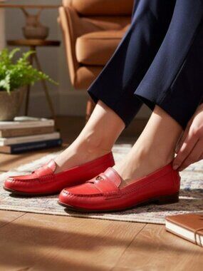Tory Burch Penny Crimson Red Coin Accent Leather Loafers Size 5.5